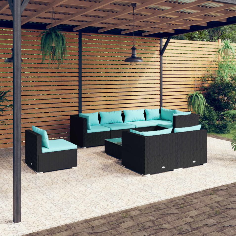 Salon de jardin 9 pcs avec coussins Résine tressée Noir - Photo n°1