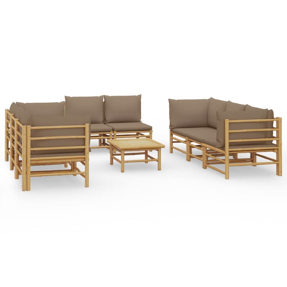 Salon de jardin 9 pcs avec coussins taupe bambou - Photo n°1