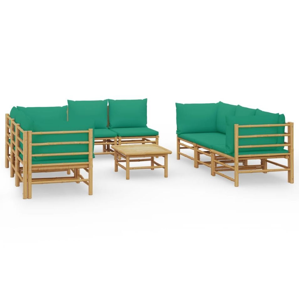 Salon de jardin 9 pcs avec coussins vert bambou - Photo n°1