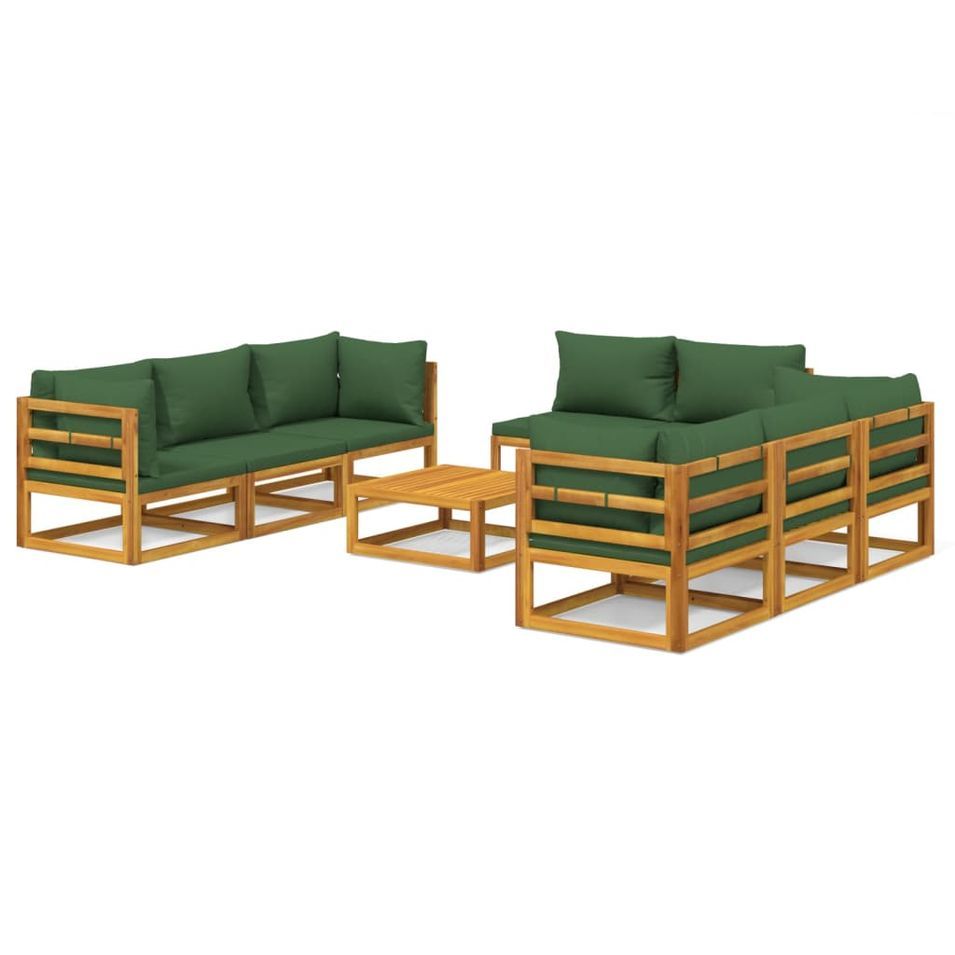 Salon de jardin 9 pcs avec coussins vert bois massif - Photo n°1