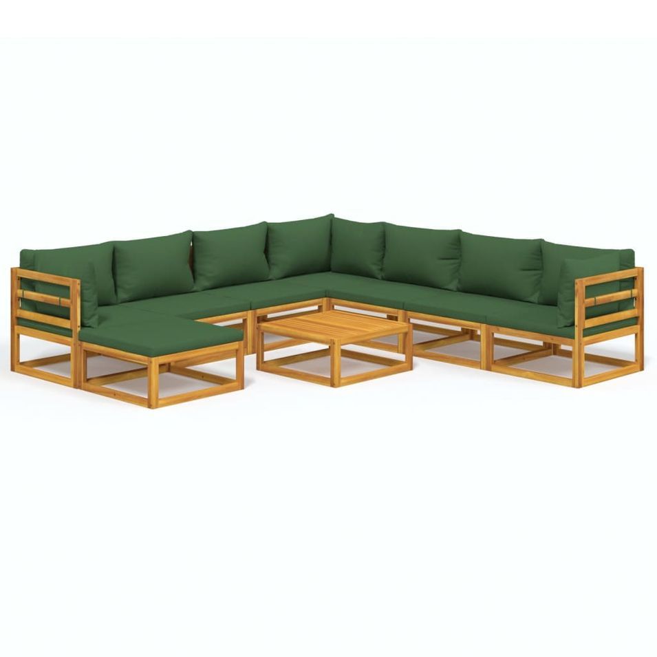 Salon de jardin 9 pcs avec coussins vert bois massif - Photo n°1