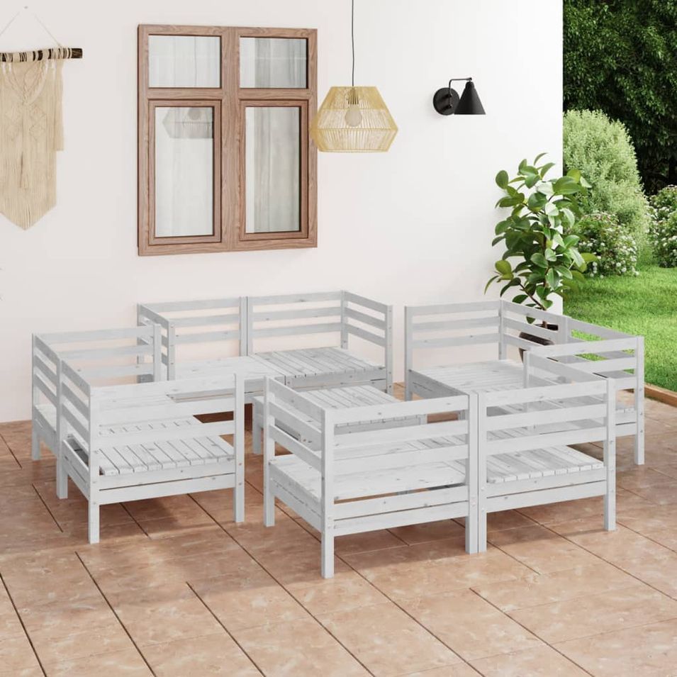 Salon de jardin 9 pcs Blanc Bois de pin massif 22 - Photo n°1