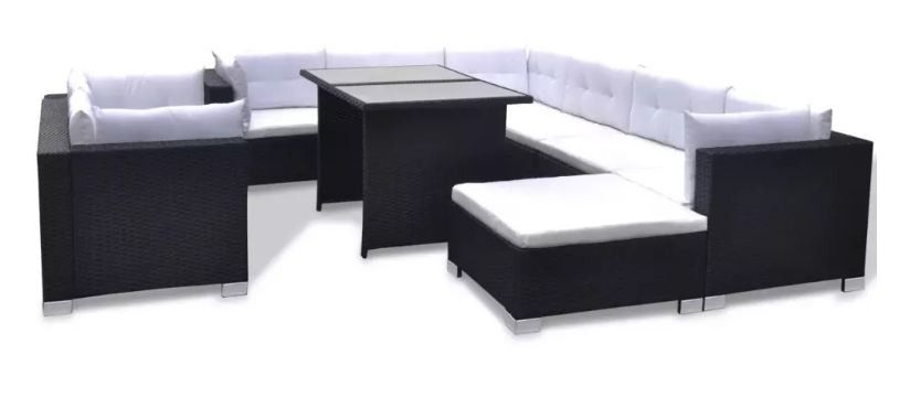Salon de jardin 9 pièces résine tressée noir et coussins blanc Kim - Photo n°1