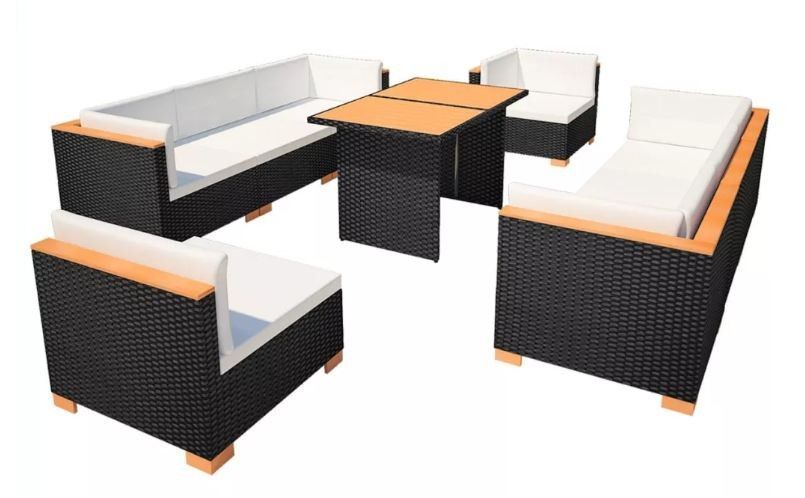Salon de jardin 9 pièces résine tressée noir et coussins blanc Kimberly - Photo n°1