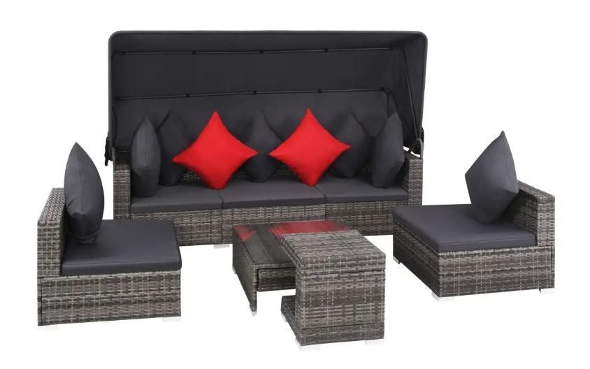 Salon de jardin à baldaquin 7 pièces résine tressée gris Chad - Photo n°1