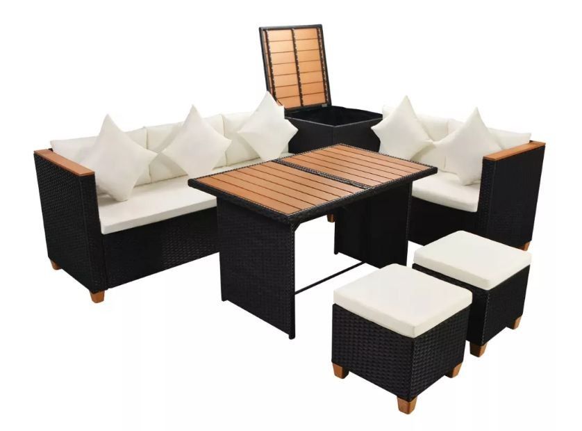 Salon de jardin avec coffre de rangement 7 pièces résine tressée noir Kimberly - Photo n°1