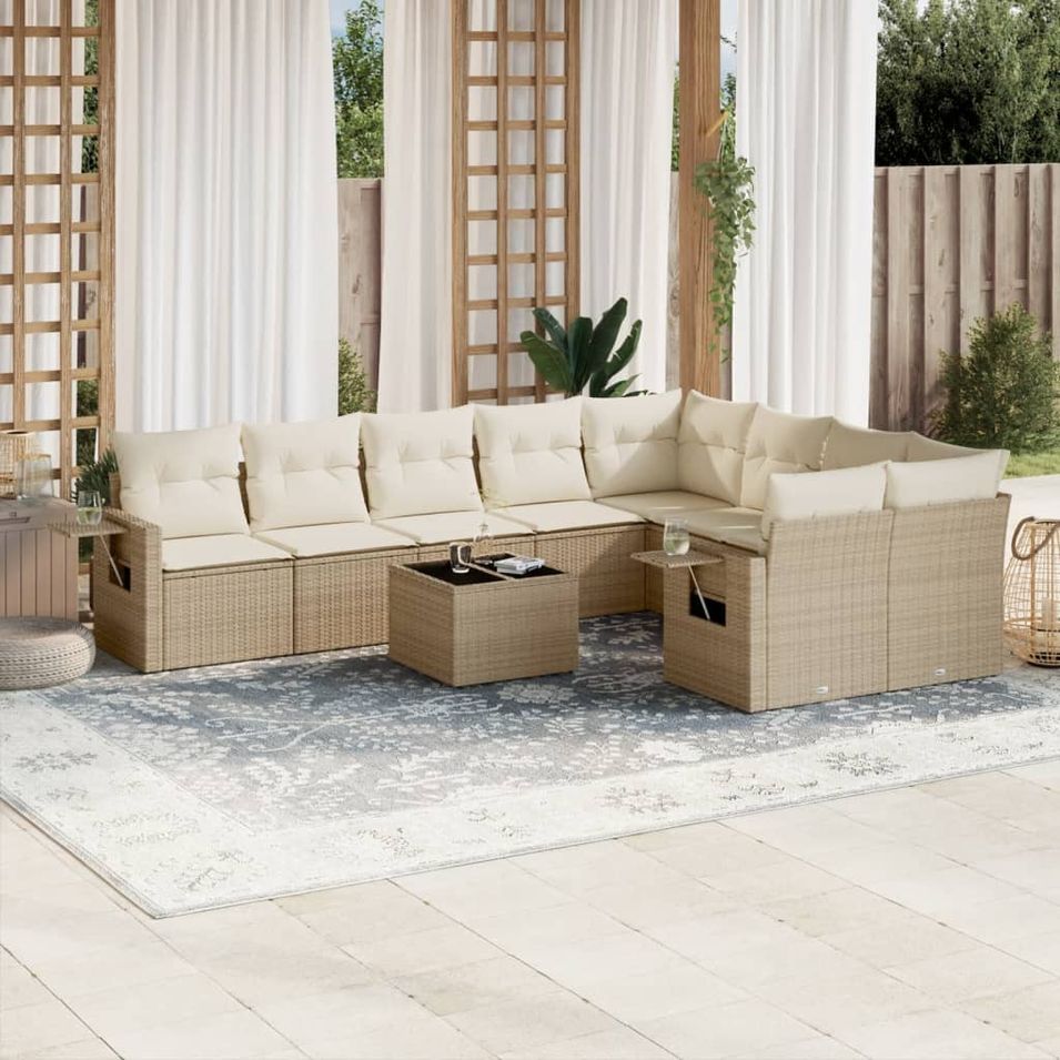 Salon de jardin avec coussins 10 pcs beige résine tressée - Photo n°1