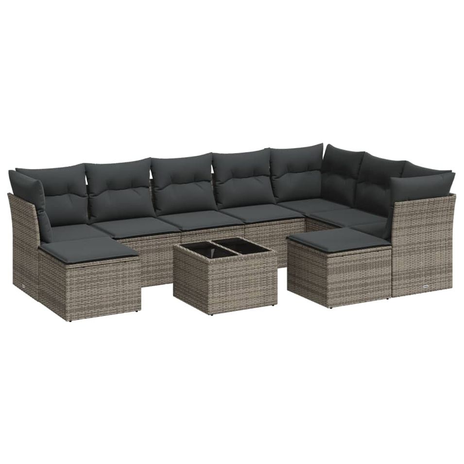 Salon de jardin avec coussins 10 pcs gris résine tressée - Photo n°1