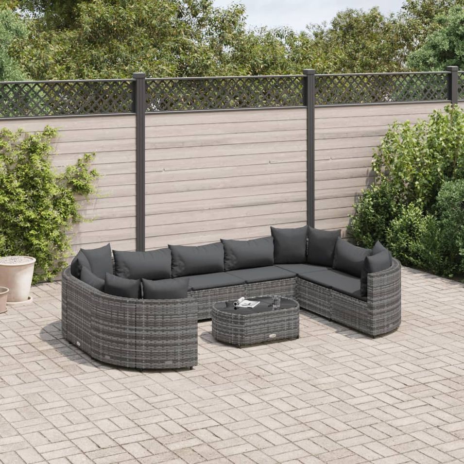 Salon de jardin avec coussins 10 pcs gris résine tressée - Photo n°1