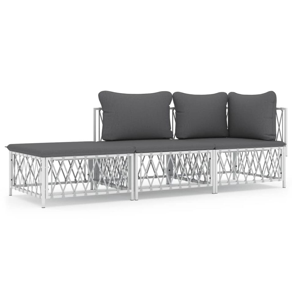 Salon de jardin avec coussins 3 pcs blanc acier - Photo n°1
