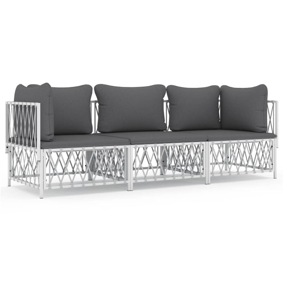 Salon de jardin avec coussins 3 pcs blanc acier - Photo n°1