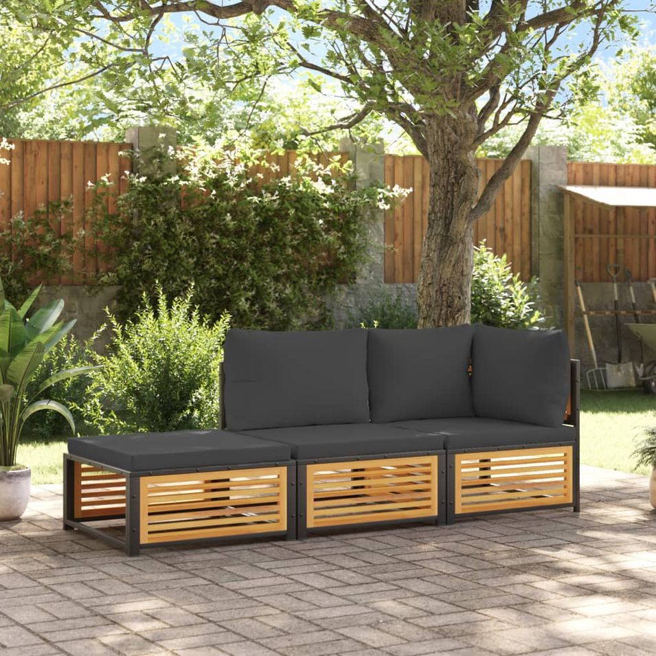 Salon de jardin avec coussins 3 pcs bois massif d'acacia - Photo n°1