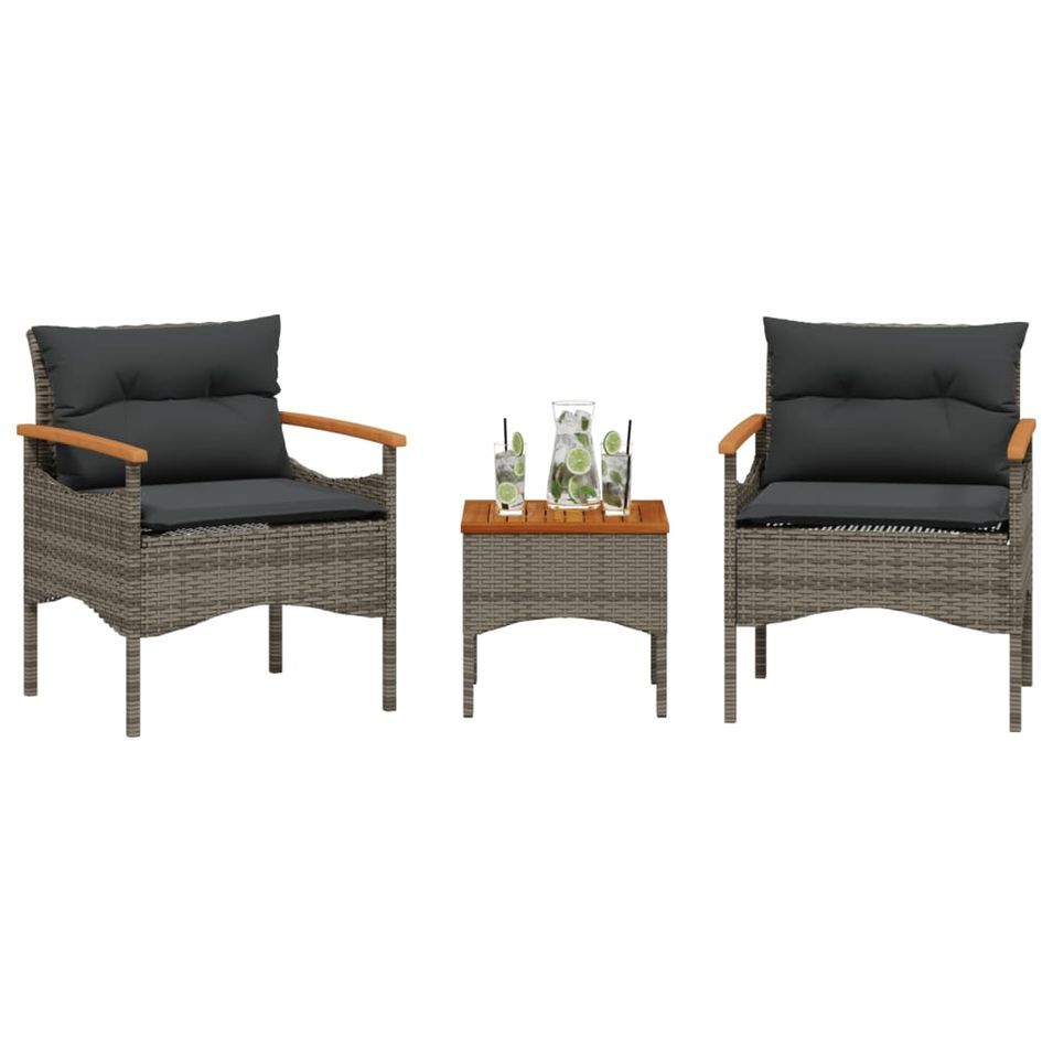 Salon de jardin avec coussins 3 pcs gris résine tressée - Photo n°1