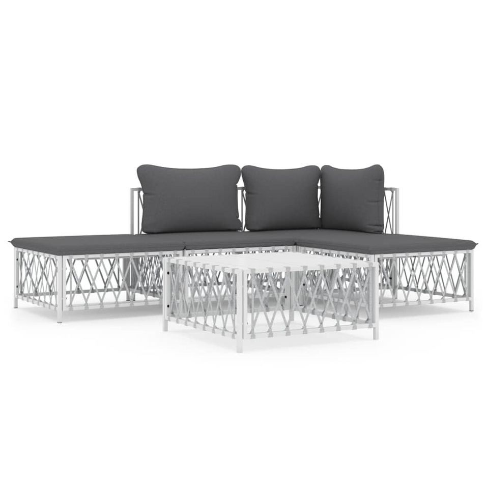 Salon de jardin avec coussins 5 pcs blanc acier - Photo n°1