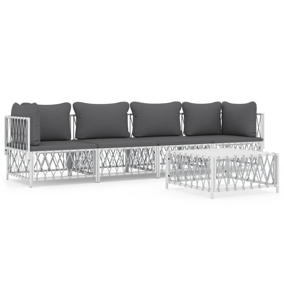 Salon de jardin avec coussins 5 pcs blanc acier - Photo n°1