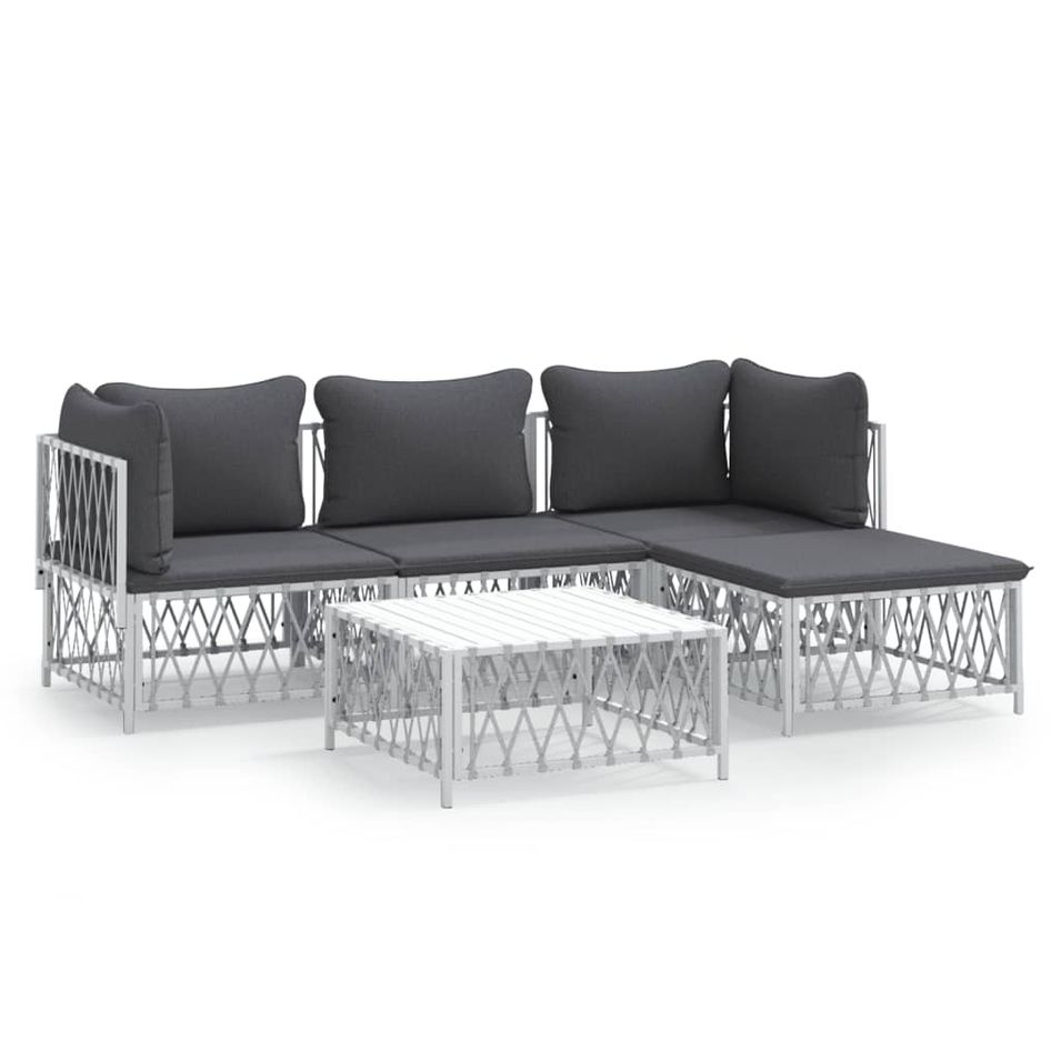 Salon de jardin avec coussins 5 pcs blanc acier - Photo n°1