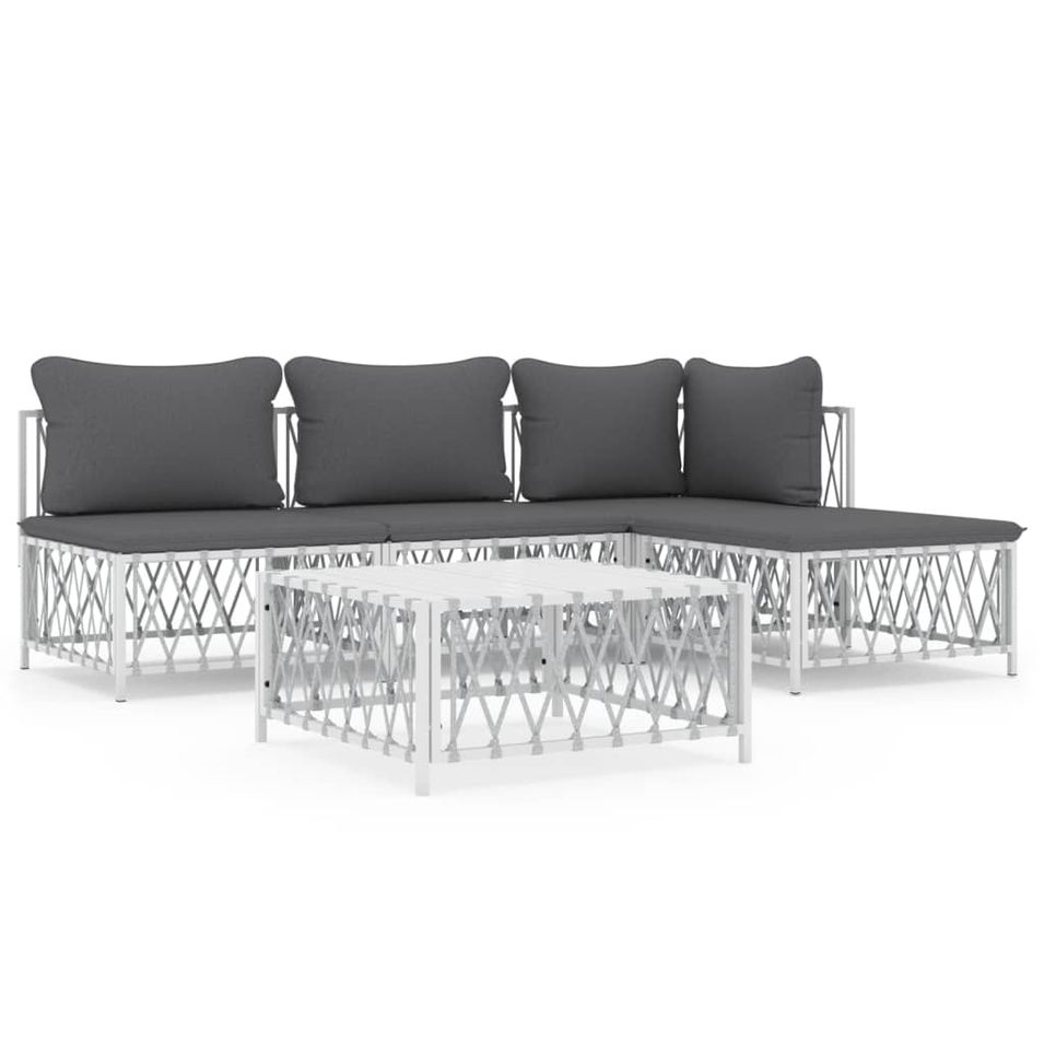 Salon de jardin avec coussins 5 pcs blanc acier - Photo n°1