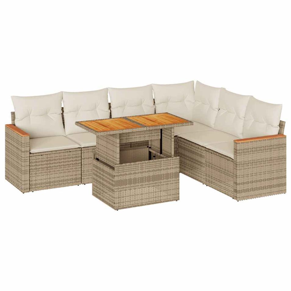 Salon de jardin avec coussins 7 pcs beige résine tressée acacia - Photo n°1