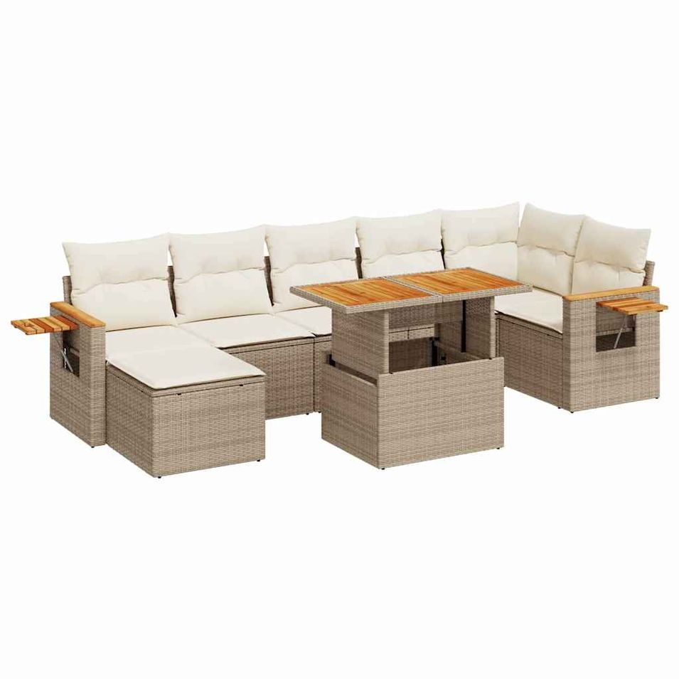 Salon de jardin avec coussins 8 pcs beige résine tressée acacia - Photo n°1