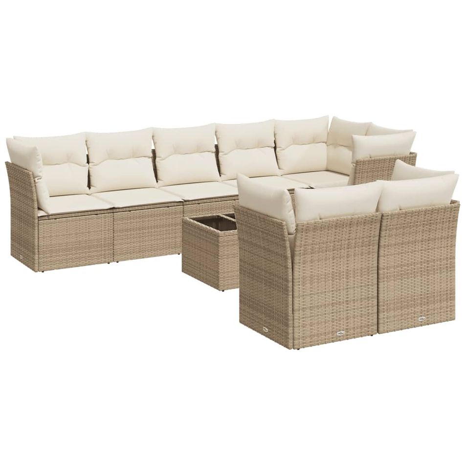 Salon de jardin avec coussins 9 pcs beige résine tressée - Photo n°1