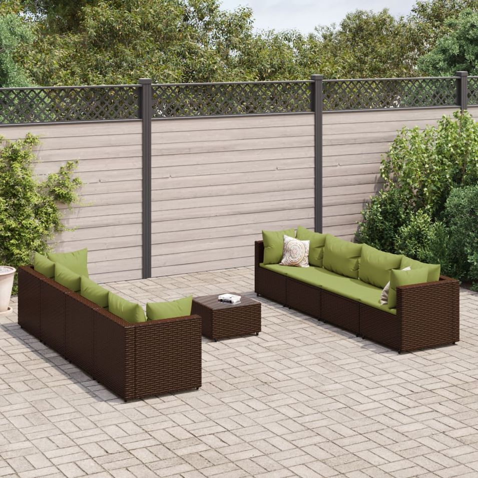Salon de jardin avec coussins 9 pcs marron résine tressée - Photo n°1