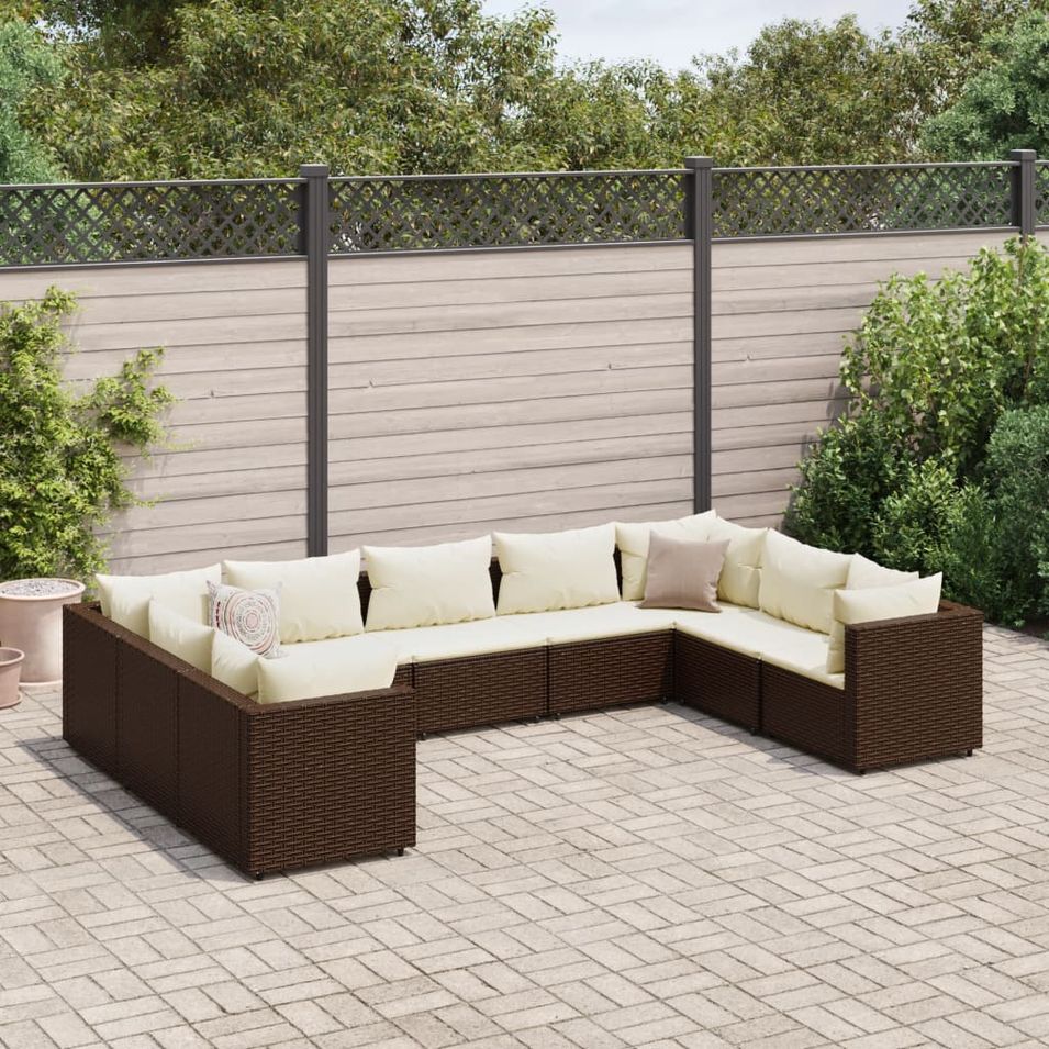 Salon de jardin avec coussins 9 pcs marron résine tressée - Photo n°1