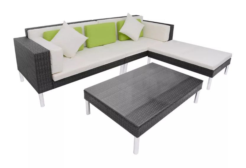 Salon de jardin modulaire 4 pièces résine noir coussins blanc et vert Sky - Photo n°1