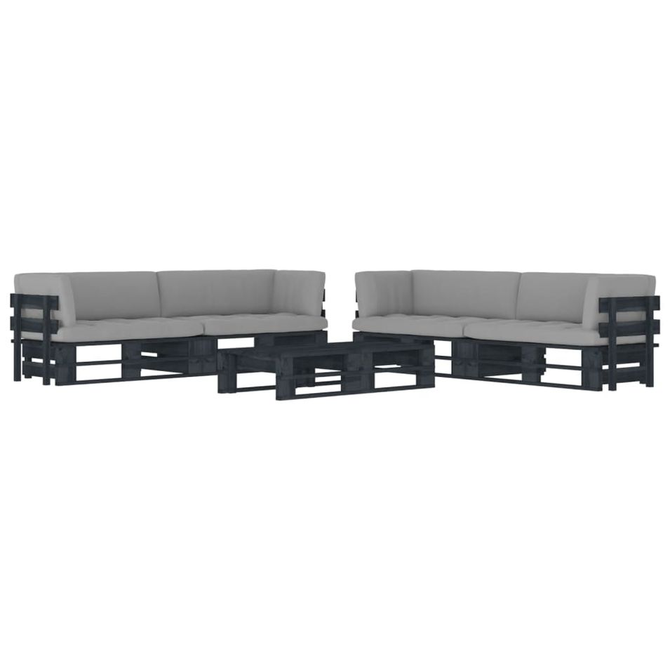 Salon de jardin palette 6 pcs et coussins Pin imprégné de noir 13 - Photo n°1