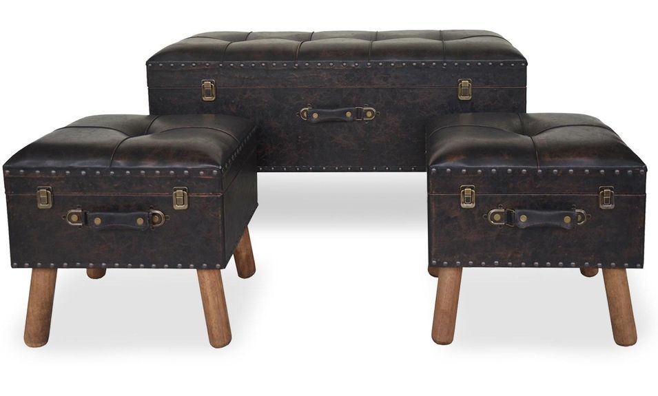 Set de 2 poufs et 1 banc coffres similicuir marron vieilli Inda - Photo n°1