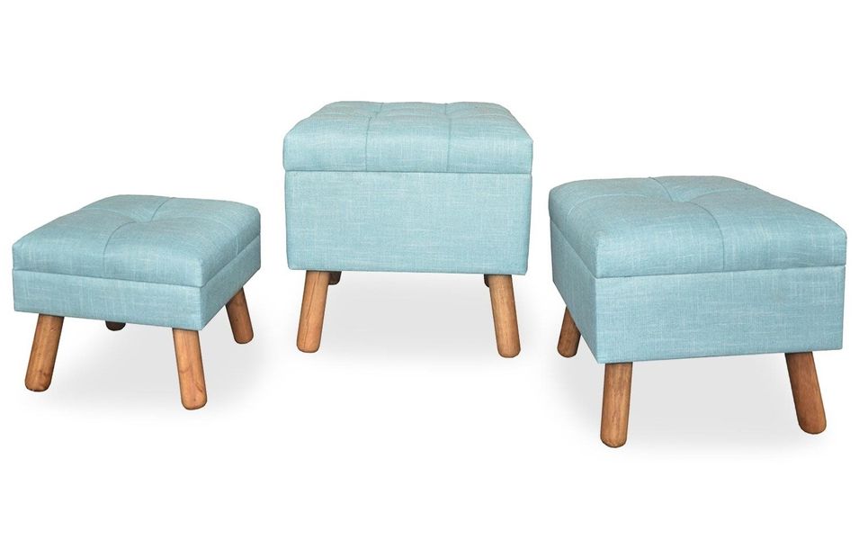 Set de 3 poufs coffres en tissu bleu Tera - Photo n°1
