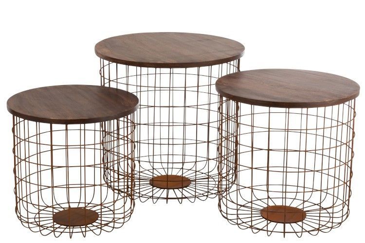 Tables gigognes panier metal rouille et bois de manguier brun foncé Boka - Photo n°1