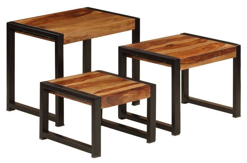 Set de 3 tables gigognes sesham massif foncé et pieds métal noir Area - Photo n°1