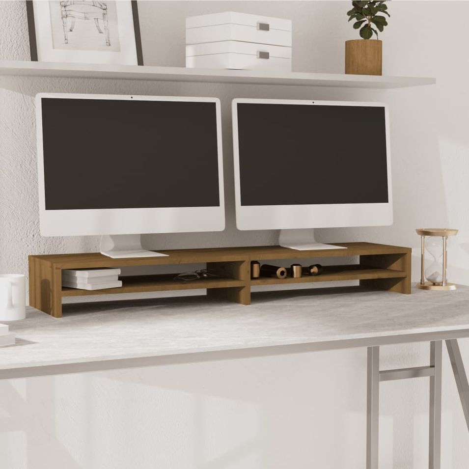 Support de moniteur Marron miel 100x24x13 cm Bois de pin solide - Photo n°1