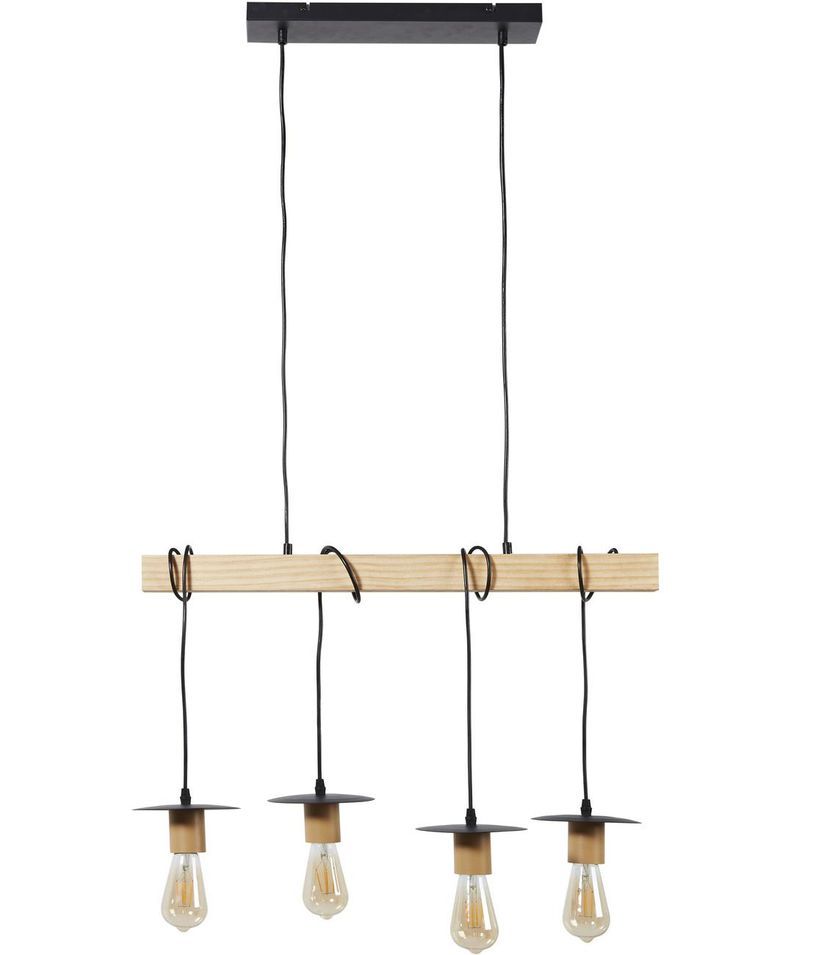 Suspension industrielle 4 ampoules bois clair et métal noir Igo - Photo n°1