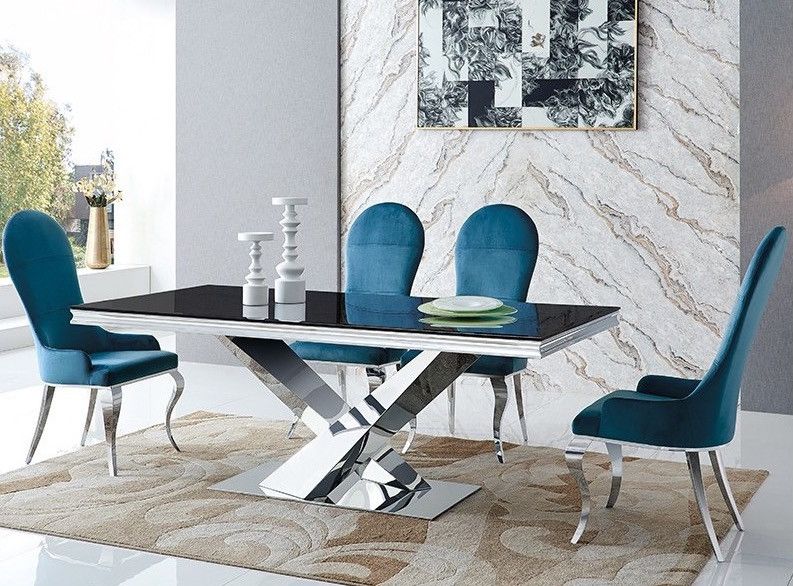 Table à manger design acier poli et verre trempé noir Diza 180 cm - Photo n°1