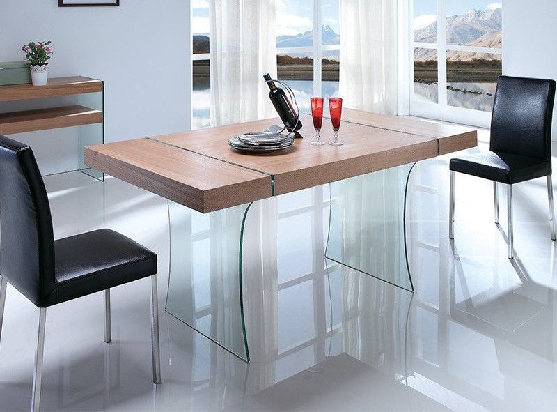 Table à manger design verre trempé et bois foncé Sella 160 cm - Photo n°1