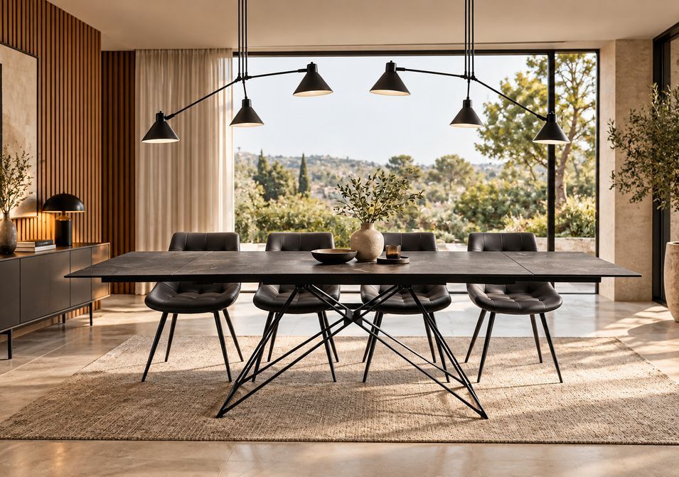 Table à manger extensible AMANDINE 160 à 240 cm – Céramique marron graphite et acier noir – Design italien - Photo n°1