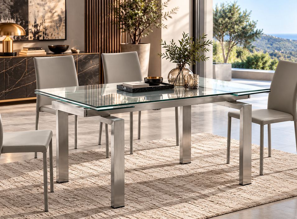 Table à manger extensible DOWNTON 140 à 200 cm – Verre trempé transparent et acier satiné brossé – Design italien - Photo n°1