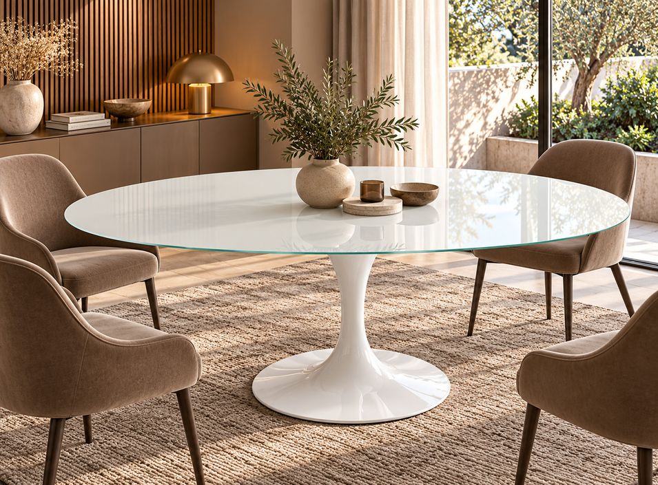 Table à manger ovale KAMANTY 160 × 110 cm – Plateau en verre trempé blanc et piètement en acier laqué – Design italien - Photo n°1
