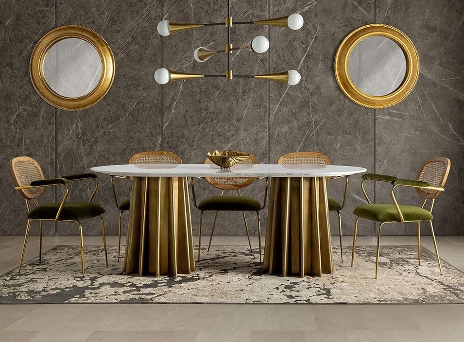 Table à manger ovale MENZA – Marbre blanc & acier doré mat – 200 cm - Photo n°1