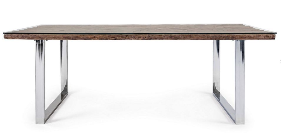Table à manger plateau bois massif recyclé et verre trempé sur pieds acier chromé Stany 220 cm - Photo n°1
