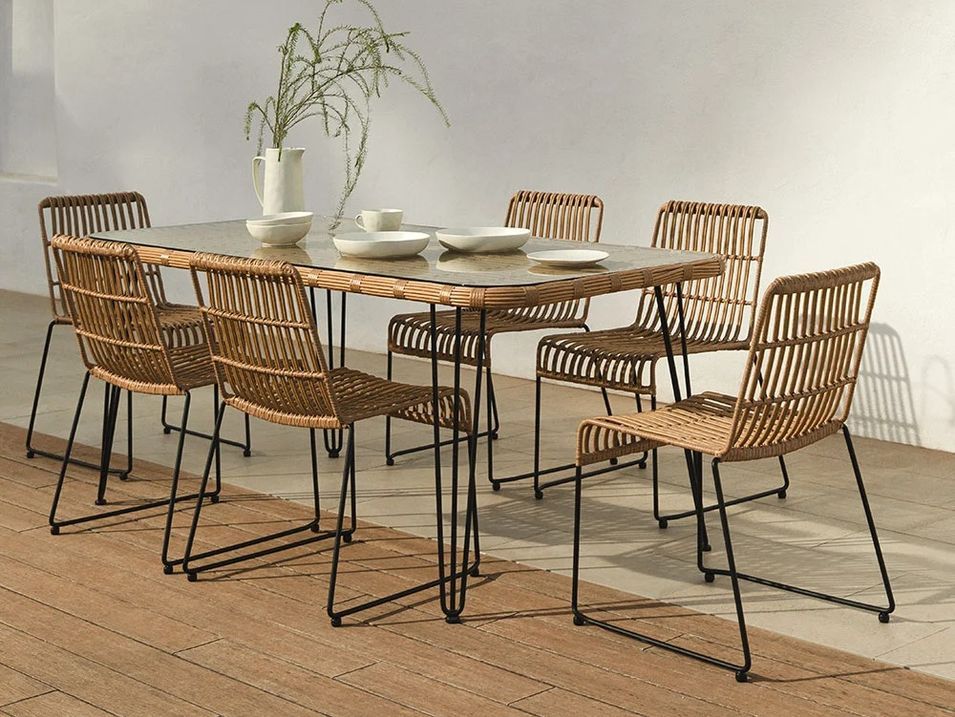Table à manger rectangulaire BERLO 180 cm – Osier synthétique et verre trempé - Photo n°1