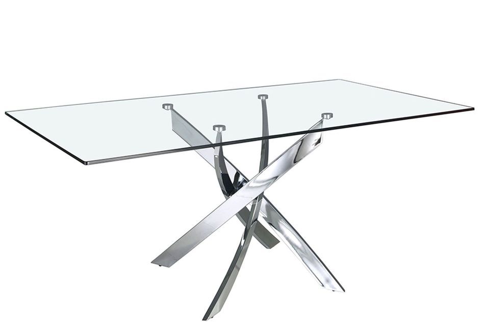 Table à manger rectangulaire design Princia - Plateau en verre transparent et pied en acier chromé - Photo n°1