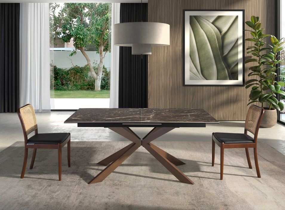 Table à manger rectangulaire extensible Nevada L 160/200 cm - Plateau en porcelaine marron et pieds acier marron - Photo n°1