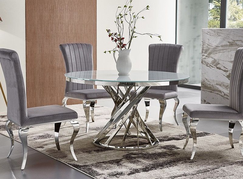 Table à manger ronde design acier chromé et verre trempé Boza 130 cm - Photo n°1
