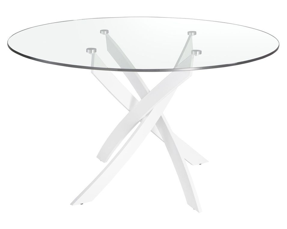 Table à manger ronde design Princia - Plateau en verre transparent et pied en acier blanc - Photo n°1