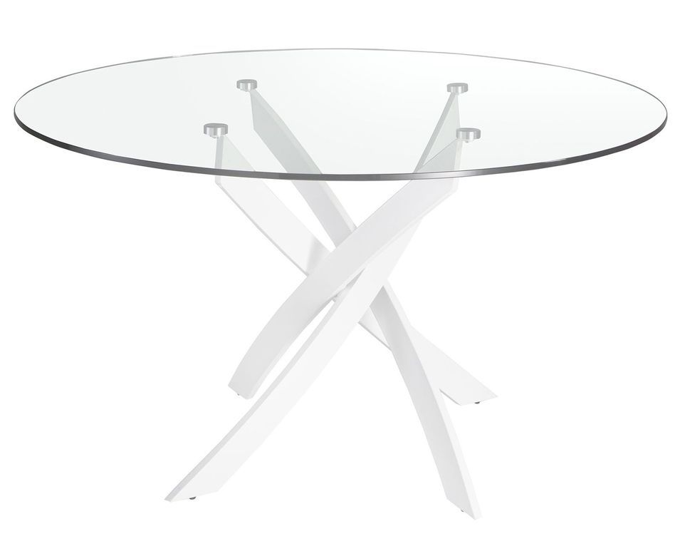Table à manger ronde design Princia - Plateau en verre transparent et pied en acier blanc - Photo n°1