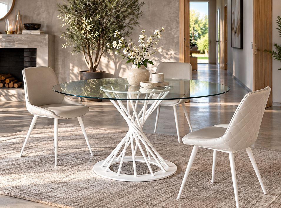 Table à manger ronde design ZEBRA Ø 140 cm – Plateau en verre trempé et pied sculptural - Photo n°1