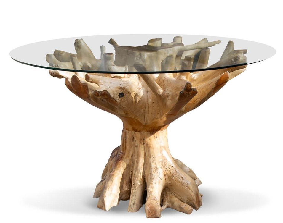 Table à manger ronde en racine de teck et verre trempé RAKINA - Photo n°1