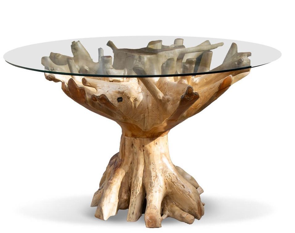 Table à manger ronde en racine de teck et verre trempé RAKINA - Photo n°1